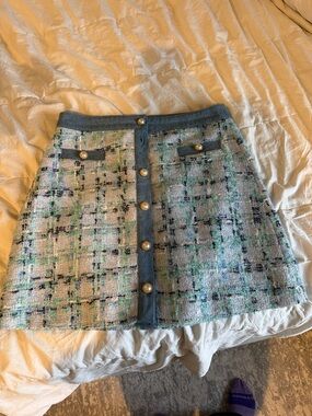 Nanette Lepore Blue and Green Tweed A-Line Skirt